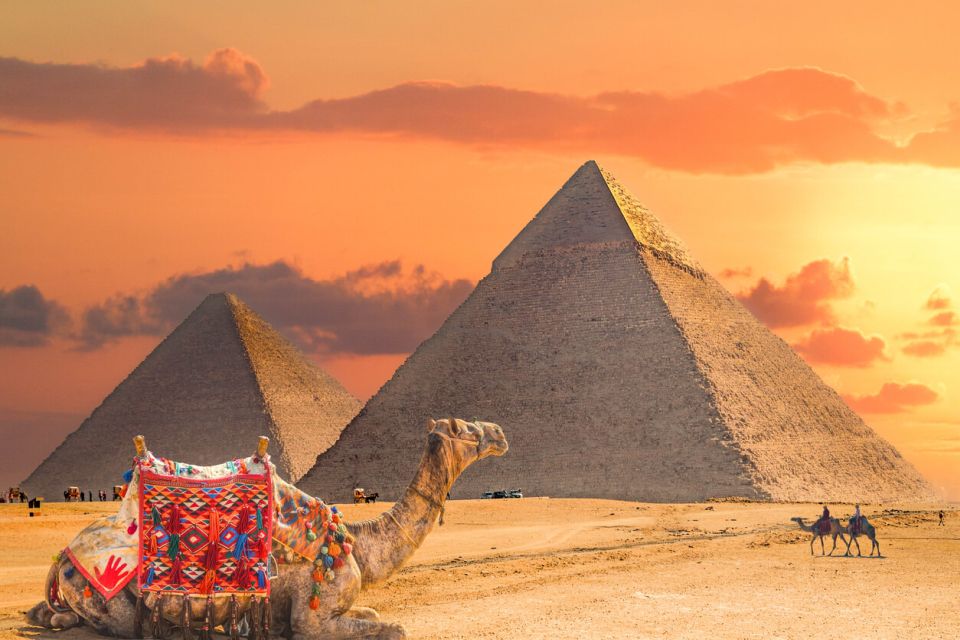 Egypt historické památky Pohled na Velké pyramidy v Gíze, v popředí tradičně zdobený velbloud